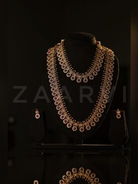 AJRANG GOLDEN ALIKE ARTIFICIAL STONES STEDDED BOTTU MALA HARAM JEWELLERY SET