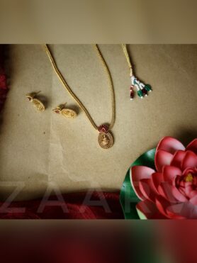 GOLD PLATED LAKSHMI PENDANT CHAIN WITH EARRINGS