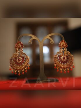 INDIAN PEACOCK MOTIFS CHANDBALI EARRINGS WITH RED STONES